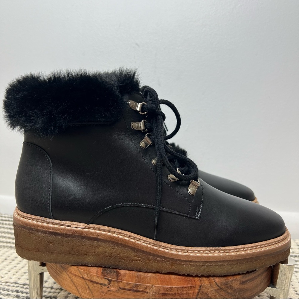 Botkier Jet Black Winter Leather Wedge Bootie Faux Fur Lace Up Women’s Sz 7 NEW